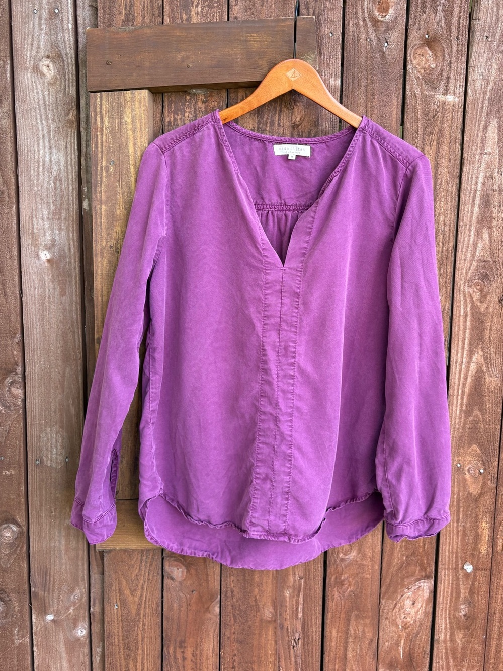Side Stitch Purple Split Neck Lyocell Long Sleeve Blouse